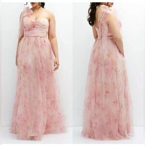 New Dessy FLORAL SCARF TIE ONE SHOULDER TULLE Maxi DRESS Pink Size 16R